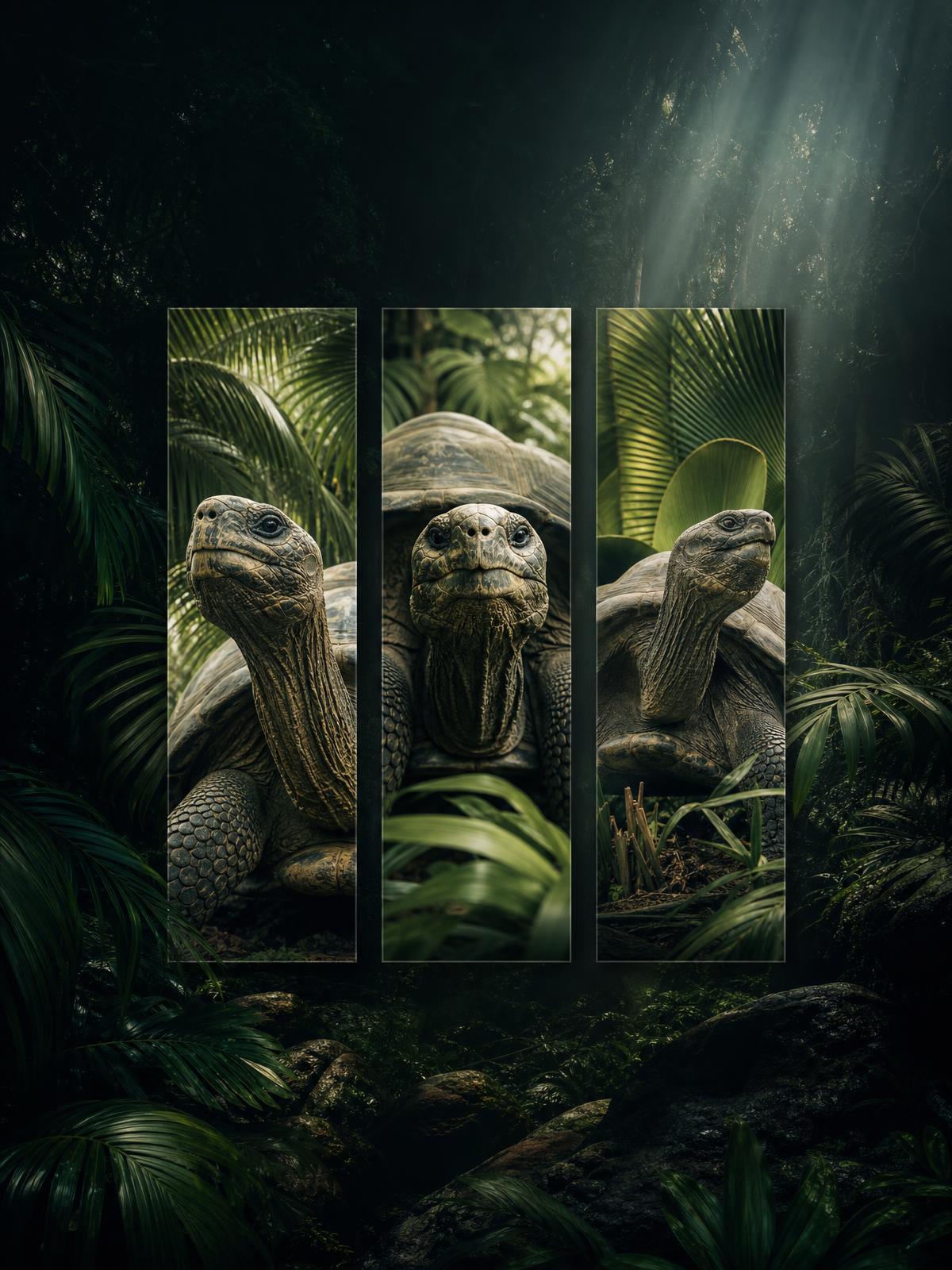 Three Aldabra giant tortoises among coco de mer palms in the Seychelles